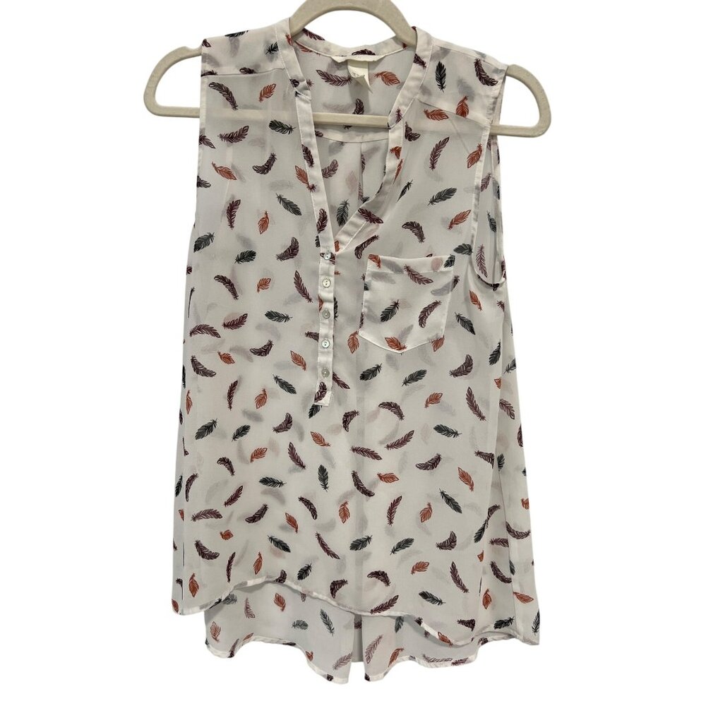 H&M Feather Print Sleeveless Blouse Size 4 V Neck Button Front White Multicolor